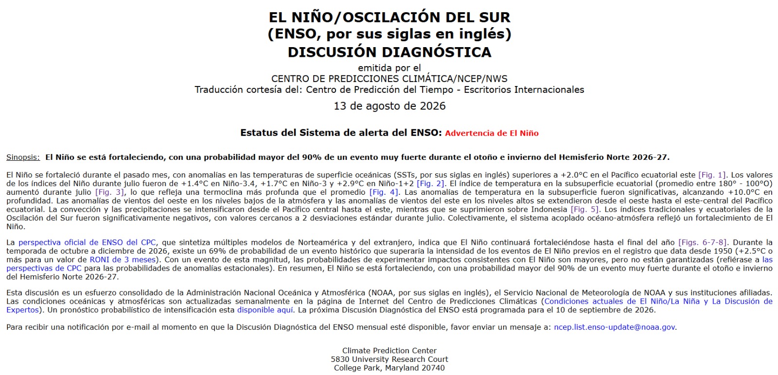 Clima: Comunicación  de la NOAA sobre la evolución  de El Niño-Oscilación del sur